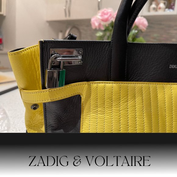 ZADIG & VOLTAIRE LARGE DRAMATIC CANDIDE YELLOW AND BLACK LEATHER TOTE - Picture 4 of 11